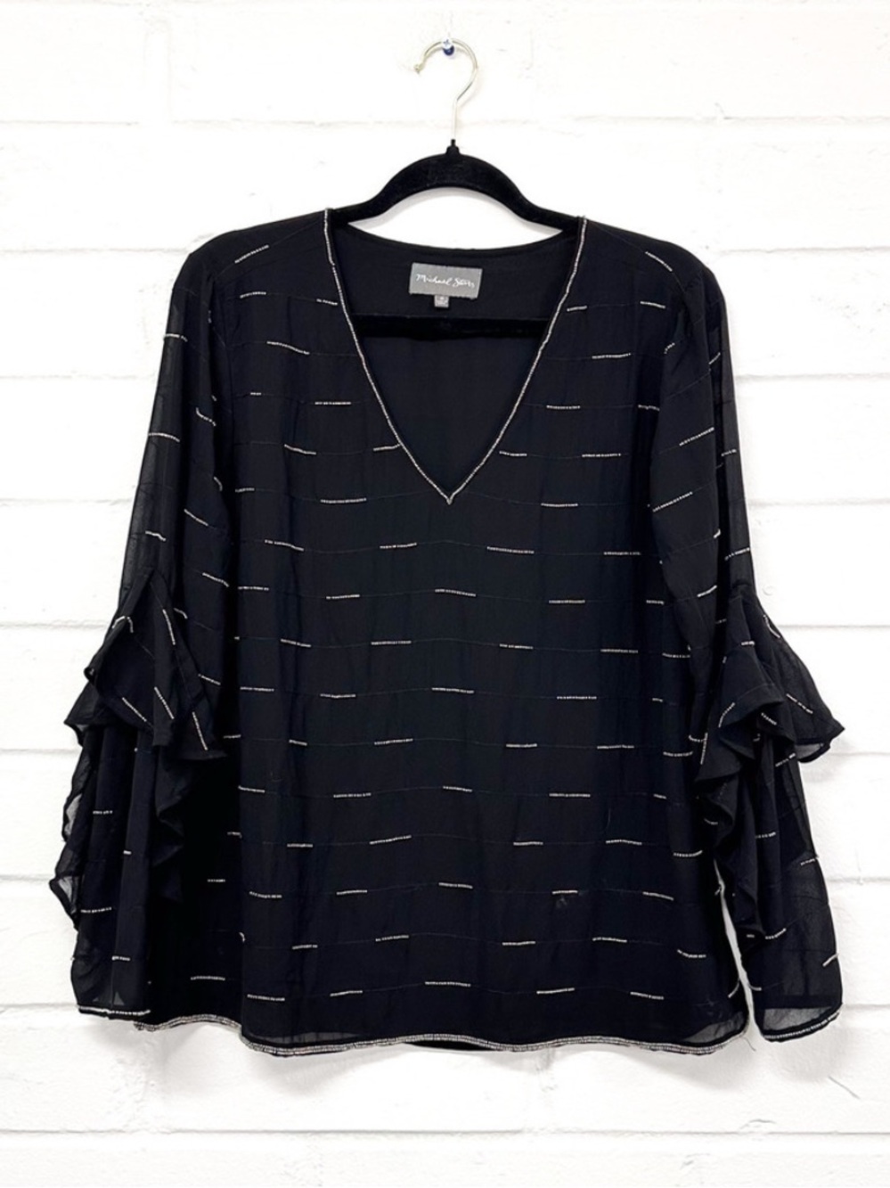 Michael Star Women’s Elegant Semi Sheer Black Beaded Blouse 3/4 Flared Sleeves M